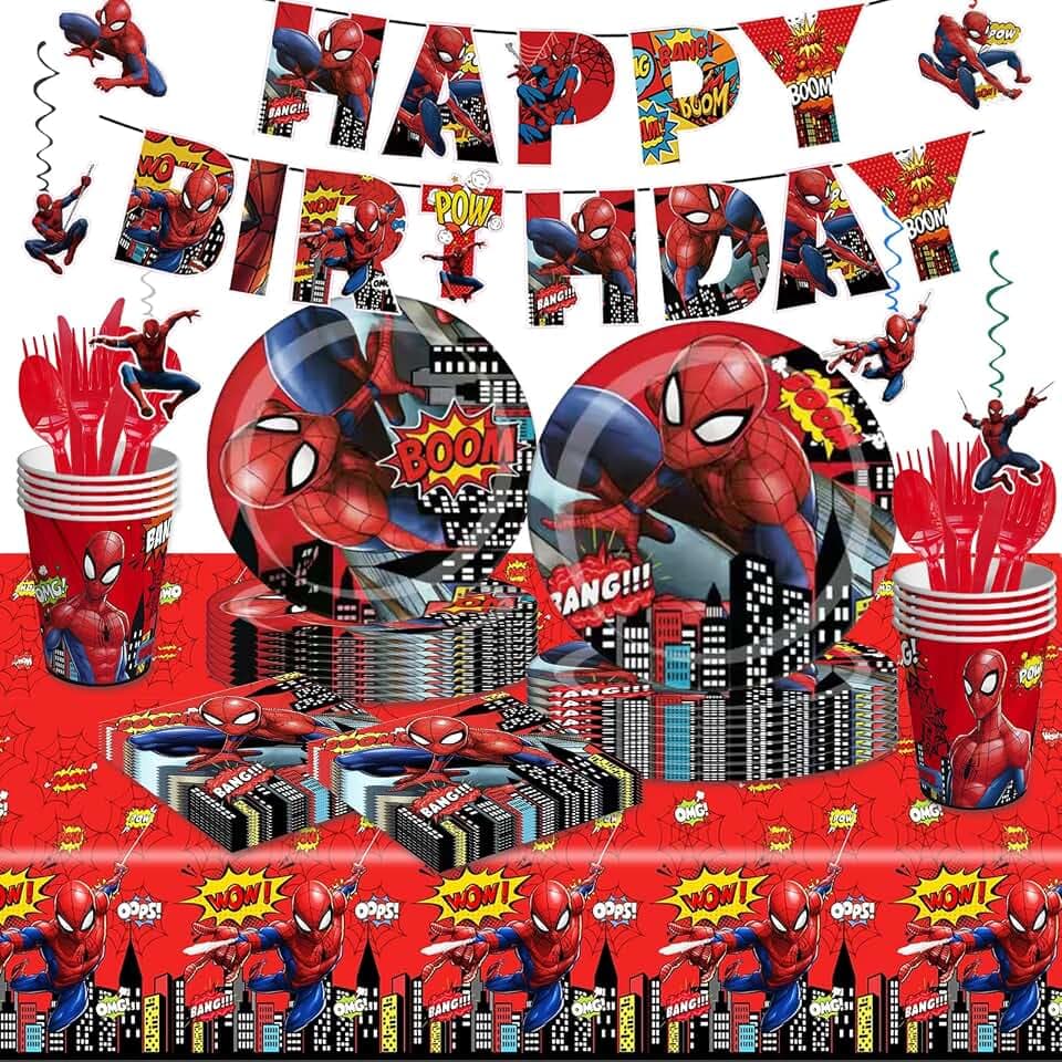 118 Pcs Spider Birthday Party Supplies Set, Spider Theme: 1Banner, 20Cups, 6Hanging Swirls, 30(Spoons+Forks+Knives), 1Tablecloth, 20Plates(9 inch), 20Plates(7 inch), 20Napkins