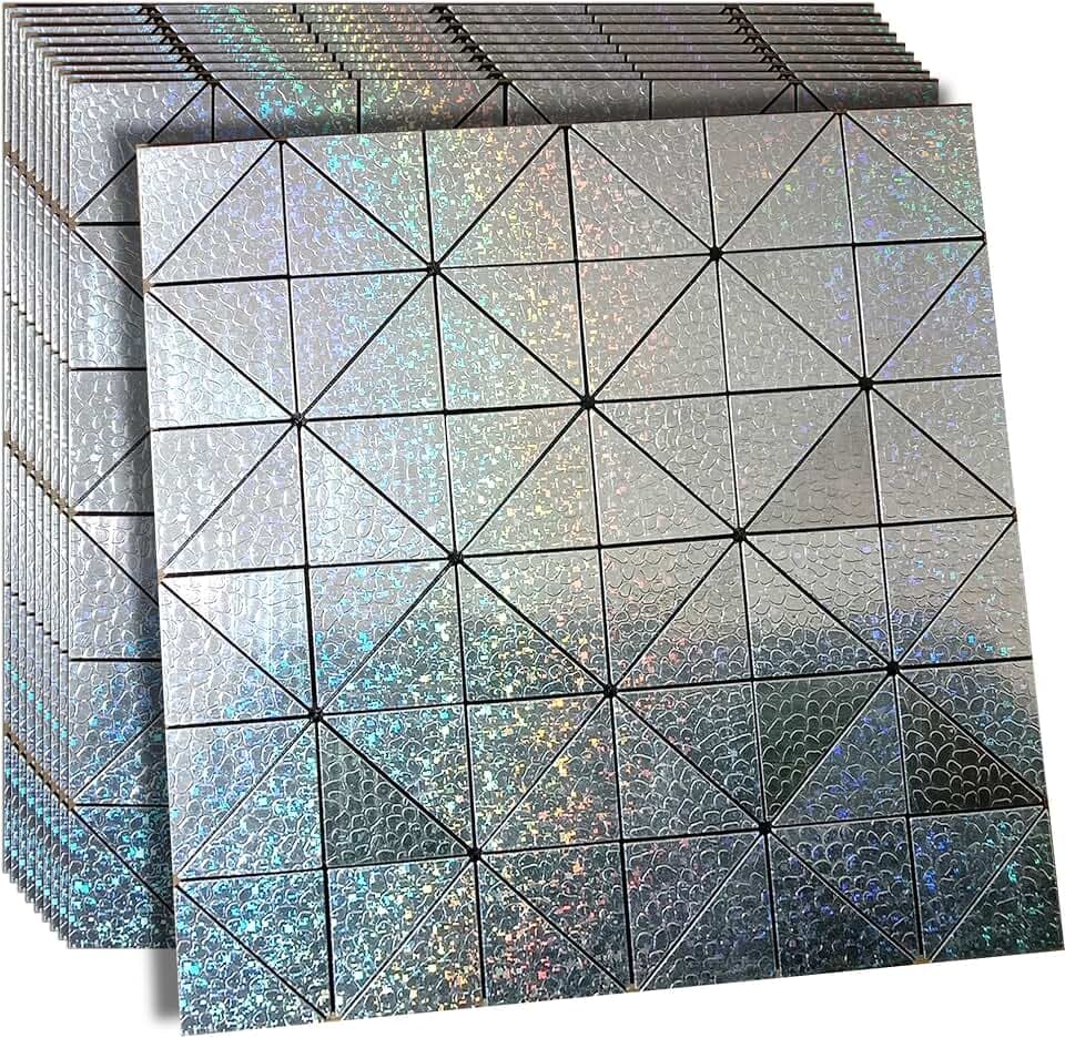XUANINY Peel and Stick Backsplash Tiles, Rainbow Triangle Aluminum Surface Metal Mosaic Sticker, Rainbow-Colored Wall Sticker for Living Room, RV,Bar (11.81"x11.81") (Lasing+Relief, 10)