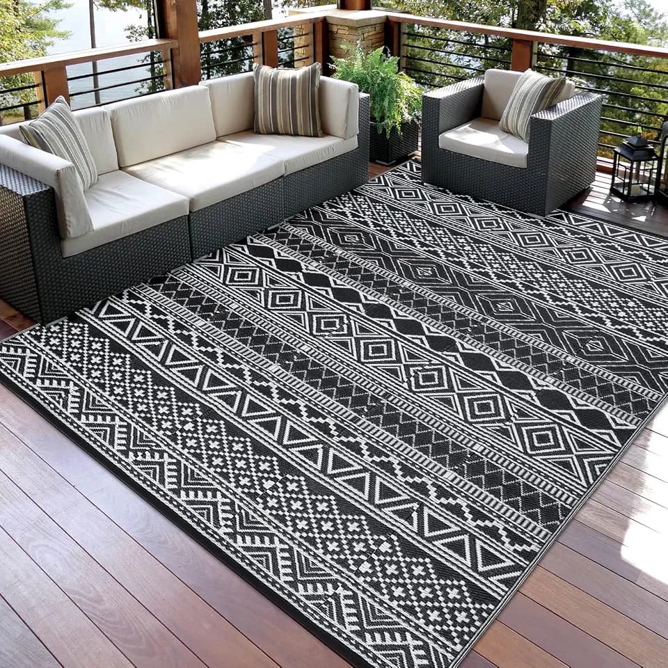 GarveeHome Outdoor Rug 9x12 Waterproof for Patio Clearance Large Plastic Straw Mat for Camping Reversible Plastic Outdoor Rug for RV, Patio, Backyard, Deck, Picnic, Beach, Trailer, Black/White(Boho)