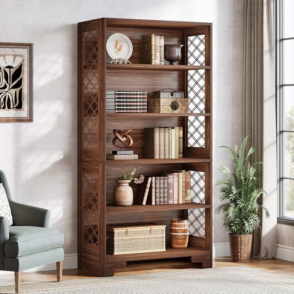 Tribesigns Bücherregal, 180cm hohes Vintage- Standregal, 6-stöckiges Bücherregal Holz,mit offenen Ausstellungsböden, für Wohnzimmer, Heimbüro, Industrie-Design, vintagebraun