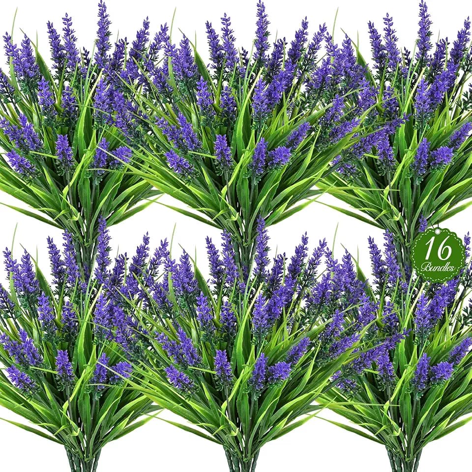 16PCS Artificial Flowers for Outdoors, Fake Lavender Plant, Purple