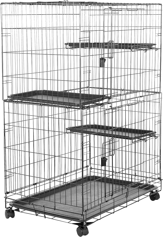 Amazon Basics Langlebig, biegsam Großer Katzenkäfig mit 3 Ebenen, Schwarz, L 91 x B 57 x H 129 cm