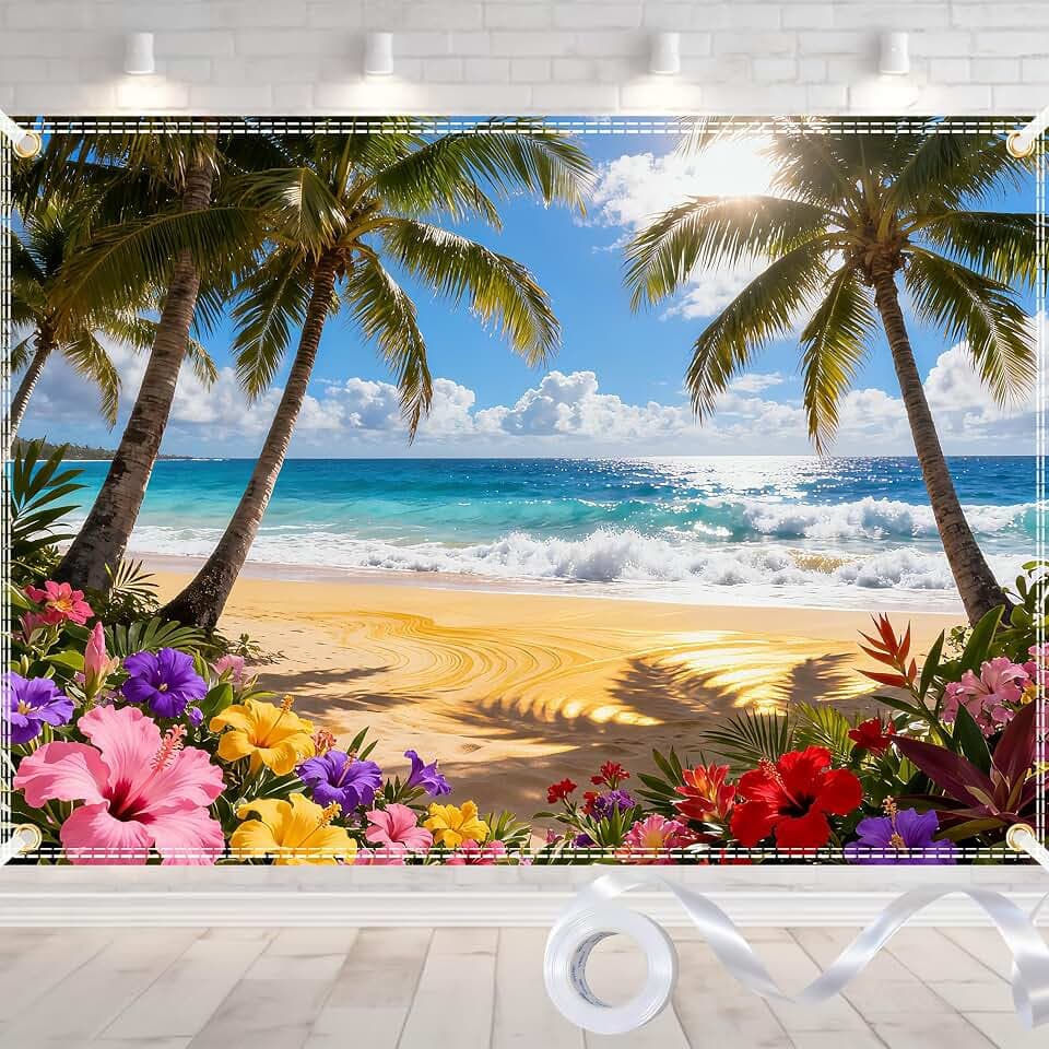 10x6.5ft Summer Hawaiian Beach Backdrop, Tropical Beach Photo Background