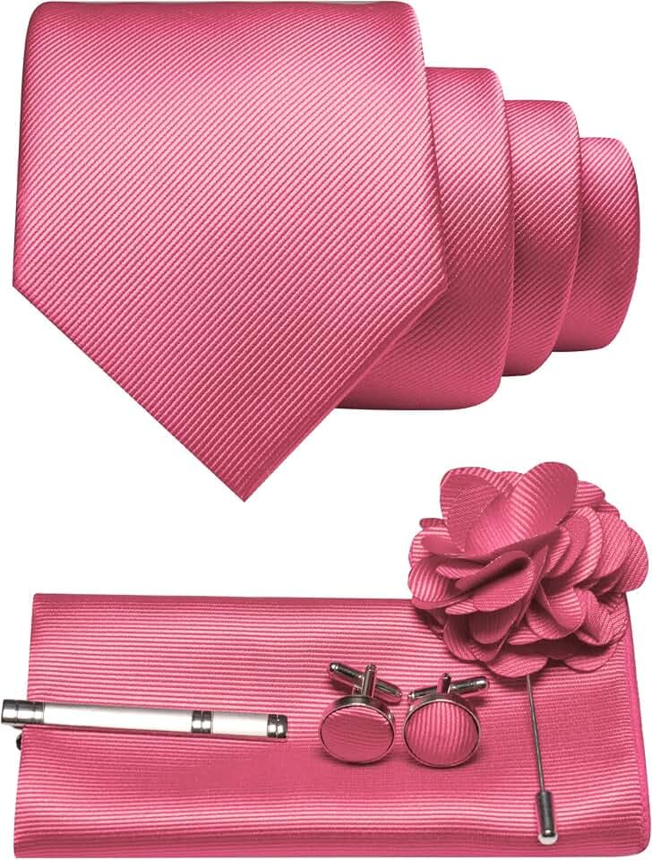 JEMYGINS Herren Krawatte aus Twill mit einfarbigem Design inklusive Pocket Square Manschettenknöpfen Krawattenklemme und Blütenbrosche Geschenkset für Partys Business Hochzeiten