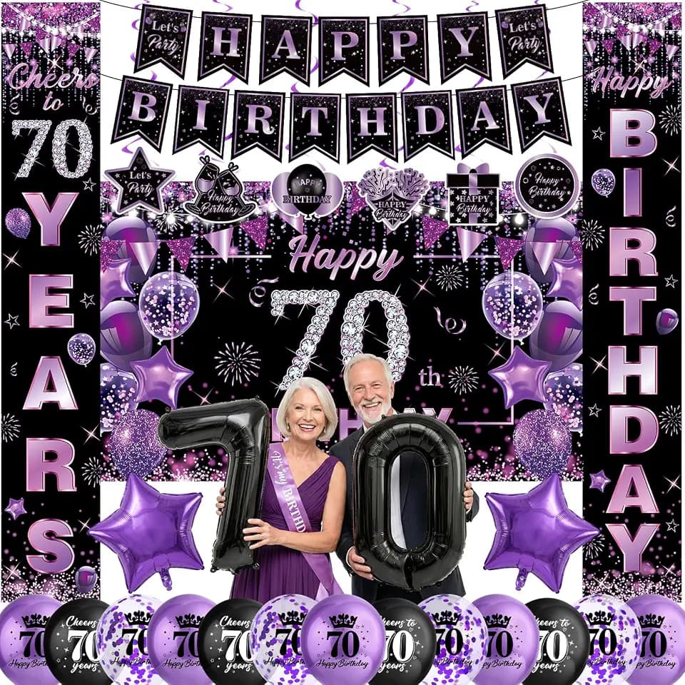 Purple 70th Birthday Decorations for Women Purple Black Happy 70th Birthday Banner Backdrop Hanging Swirls Balloons Sash Cheers to 70 Years Old Porch Banner 70 Bday Anniversary Party Supplies