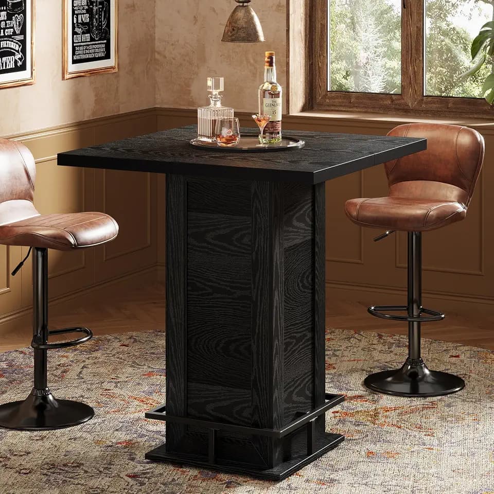 Tribesigns 39.4" H Square Bar Table, Industrial High Top Bistro Pub Cocktail Table with Metal Footrest for Kitchen Nook, Home Bar, Small Bars, Black(Table Only)