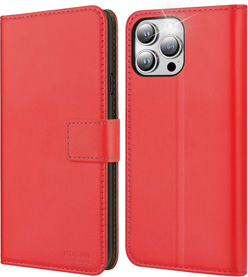 HOOMIL Handyhülle für iPhone 15 Pro Max, Premium Leder Klappbar Hülle, mit Kartenfach & Standfunktion, Unterstützt Kabelloses Laden - Rot