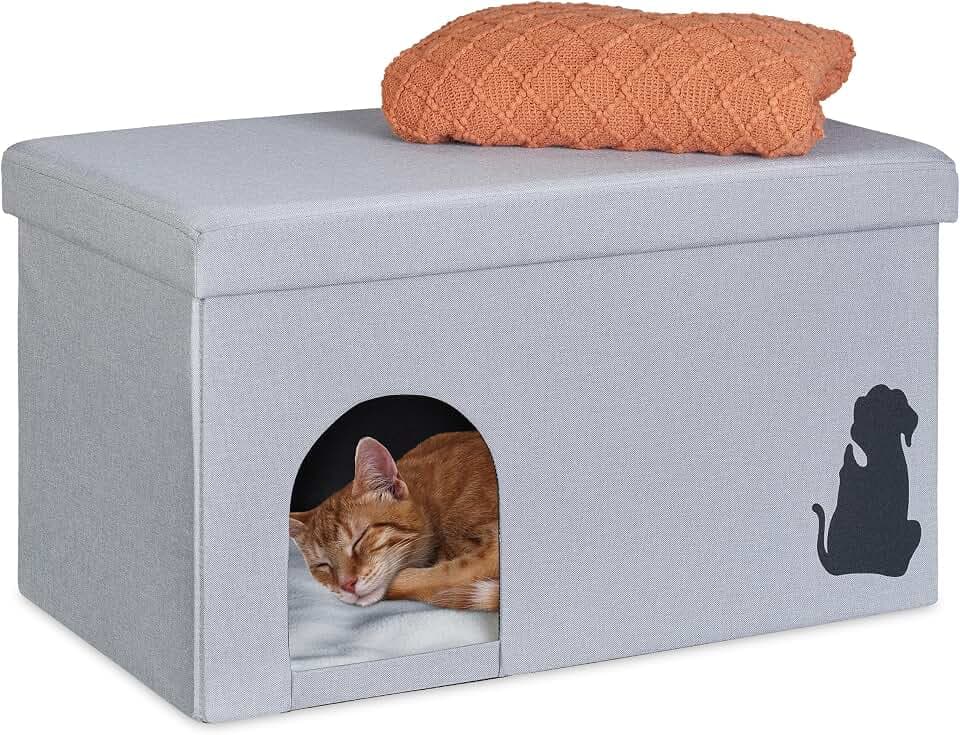 Relaxdays Katzenhöhle faltbar, 100kg belastbare Sitzbank, Deckel, Kissen, HBT: 40,5 x 72 x 40,5 cm, Tierversteck, grau