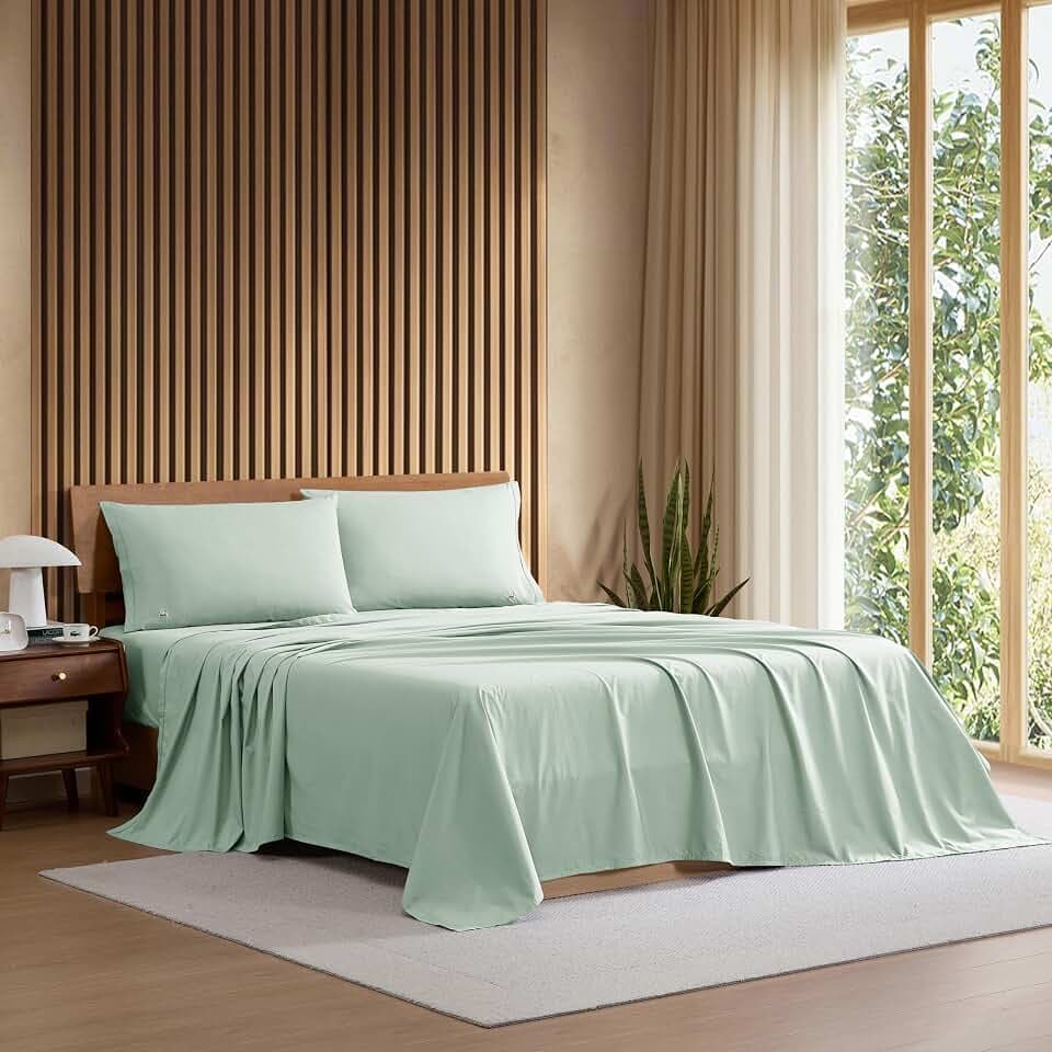 Lacoste 100% Cotton Percale 4-Piece Sheet Set, Iced Mint, Queen