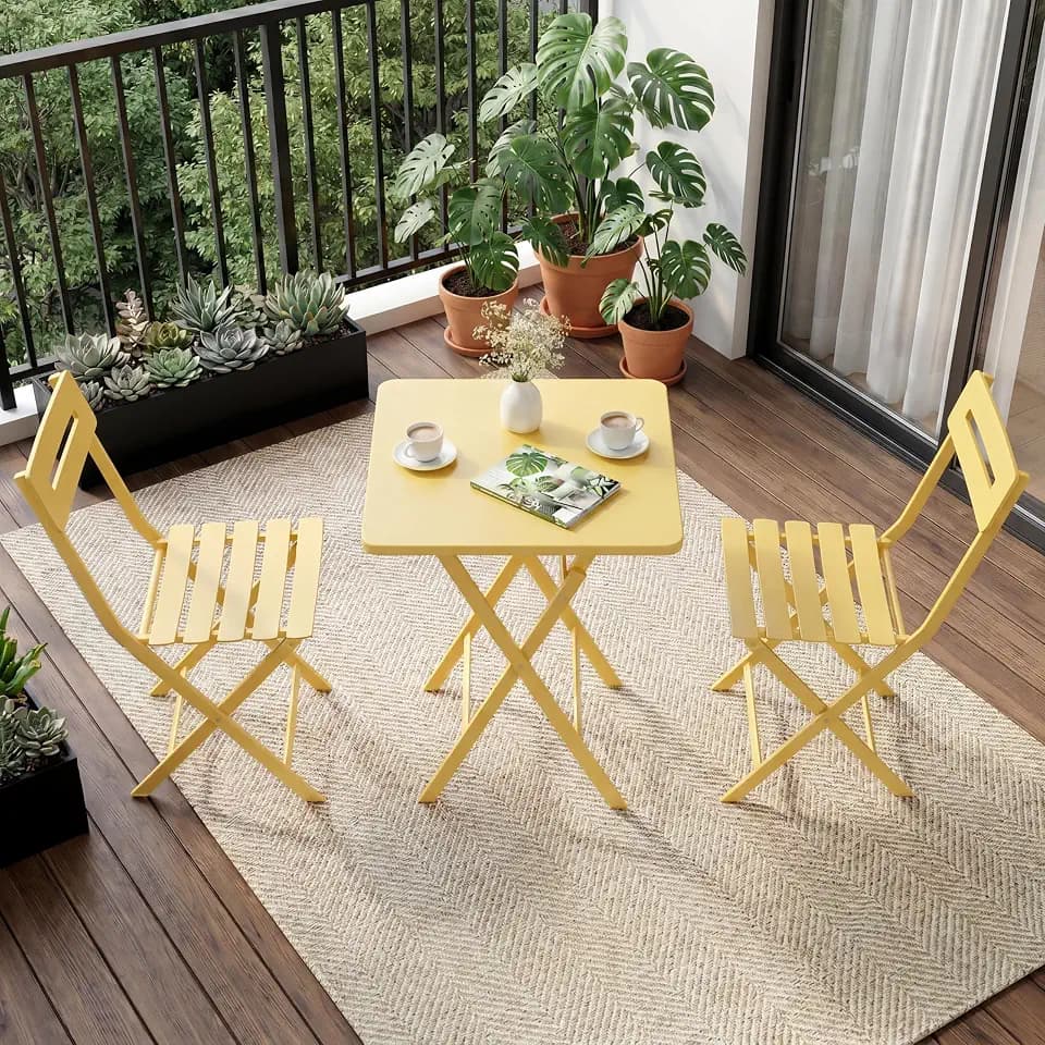 GarveeTech 3-Piece Folding Bistro Set, Heavy Duty Outdoor Patio Furniture with 2 Chairs & 1 Table, Weather-Resistant Steel Frame, No Assembly Required for Garden, Yard, Balcony,Yellow