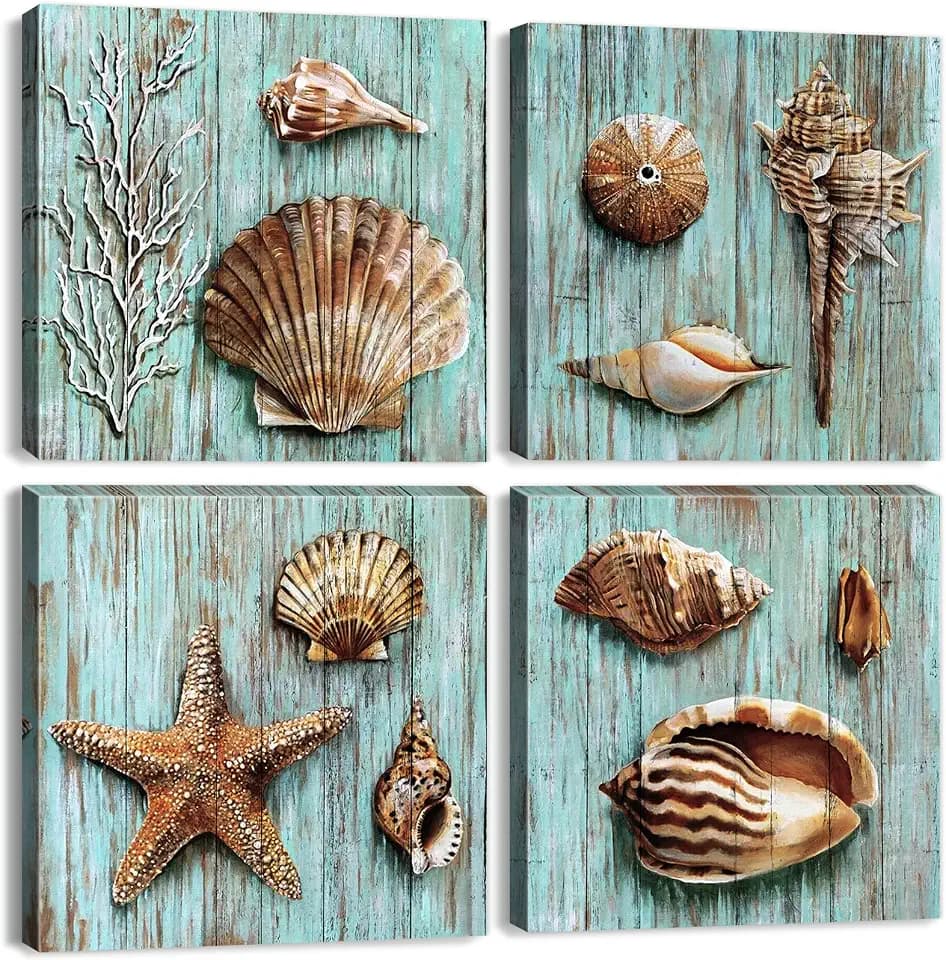 Teal Sea Shells Wall Art Nautical Seashell Bathroom Decor Vintage Coastal Wall Prints Rustic Beach Theme Pictures Ocean Starfish Canvas Paintings Posters Beachy Artwork Kitchen Decorations 12x12" 4Pcs