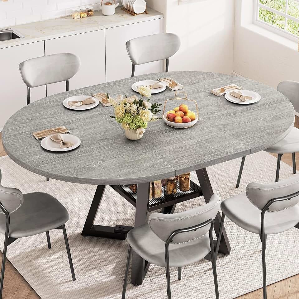 Extendable Dining Table for 4 6 8, Round Extendable Dining Room Table with Removable Leaf & Storage Shelf, Expandable Oval Kitchen Table with Pedestal Base, Modern Industrial Space Saving