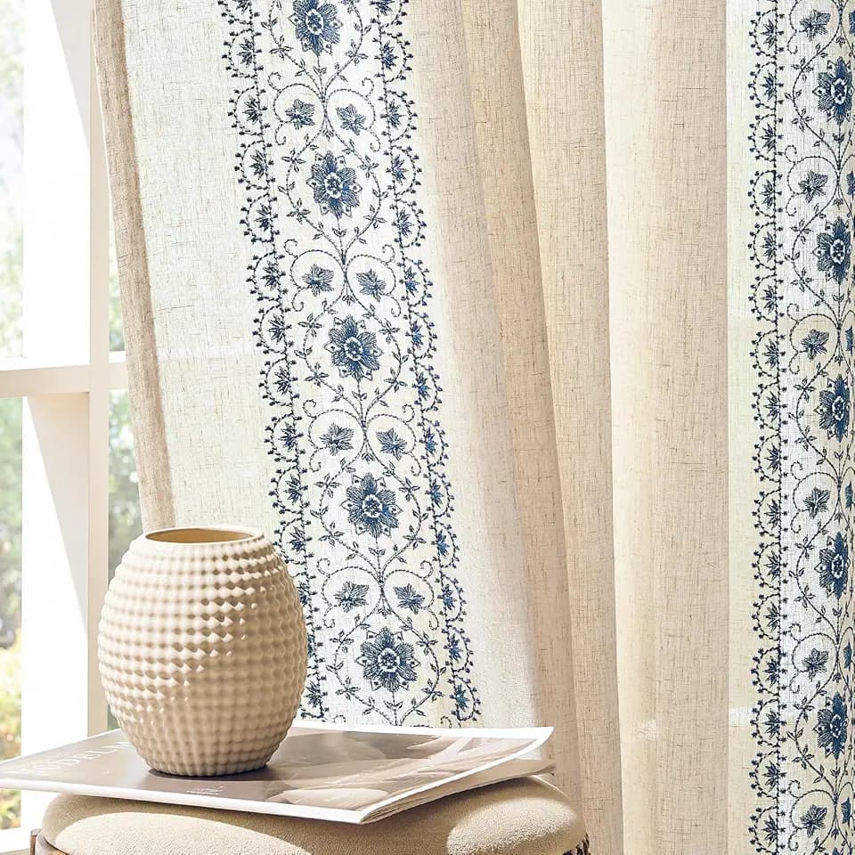jinchan Floral Linen Curtains Embroidered Back Tab 54Wx96L 2 Panels