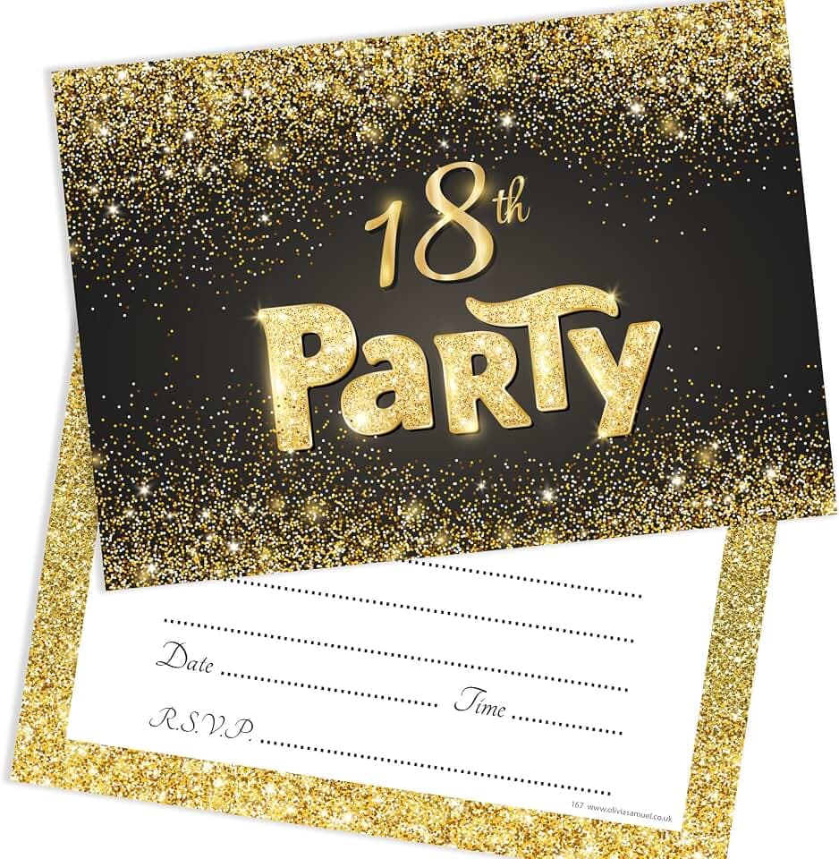 Olivia Samuel Geburtstagsparty-Einladungen zum 18. Geburtstag, Schwarz und Gold, zum Beschriften, mit Umschlägen, 20 Stück