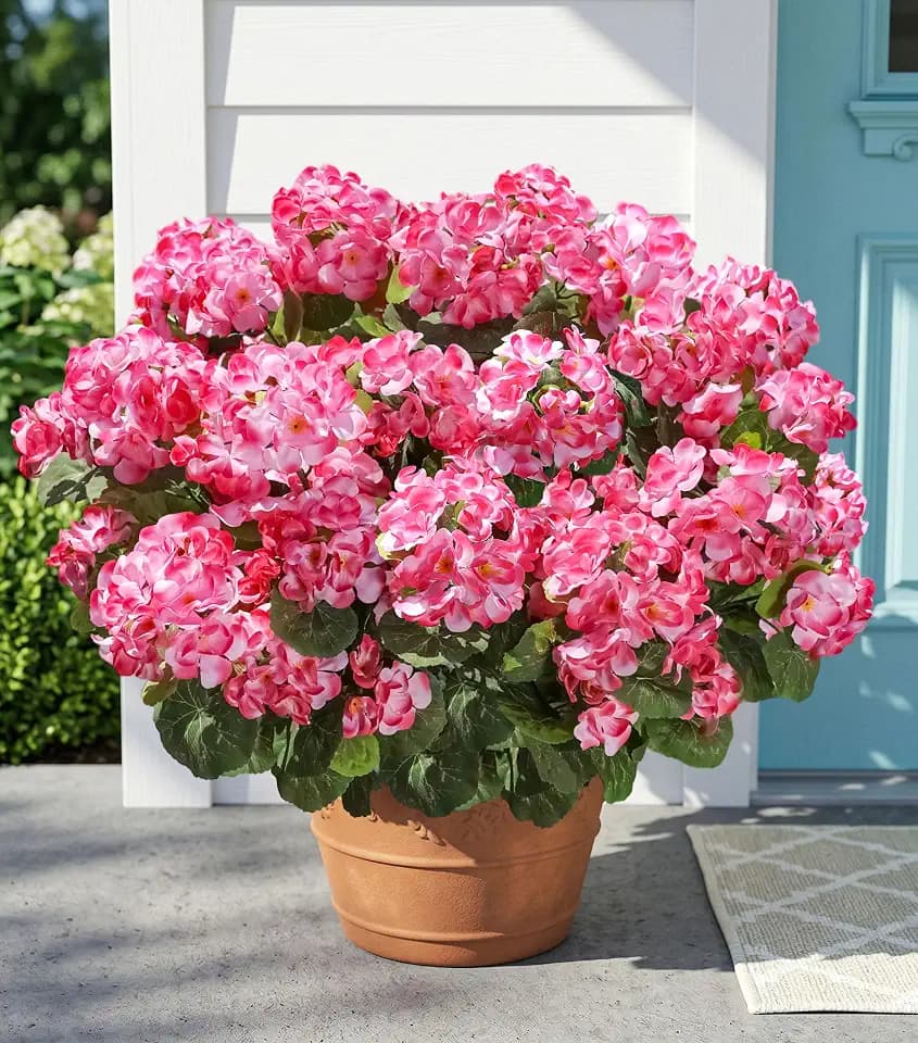 Fake Geraniums Artificial Flowers for Outdoors Outside, 6 Bundles Pink Silk Geraniums Fake Flowers Plants UV Resistant Realistic Faux Flowers for Outdoor Planters Garden Balcony Yard Porch Indoor