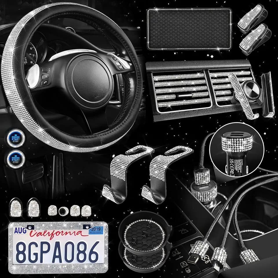 CAR PASS 30 PCS Bling Diamond Car Accessories Set for Women, Bling Steering Wheel Covers 15 Inch, Shining Rhinestone License Plate Frame, Sparkly Phone Holder, Cute Interior Set Decorations, Silver