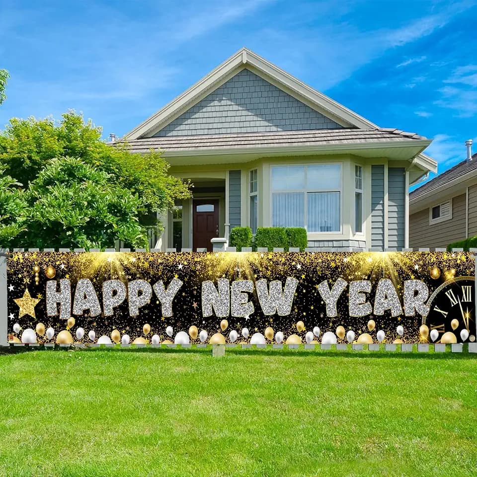 Xtralarge, Happy New Year Banner - 120x20 Inch | Black and Gold New Years Decorations 2026, New Years Eve Party Supplies 2026, New Year Yard Banner, Yard Sign, Fence Banners, NYE Decorations 2026