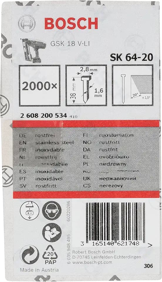 Bosch 2000x PRO FN16-20 Stiftnagel, 20° 1,6/16 g, 38S