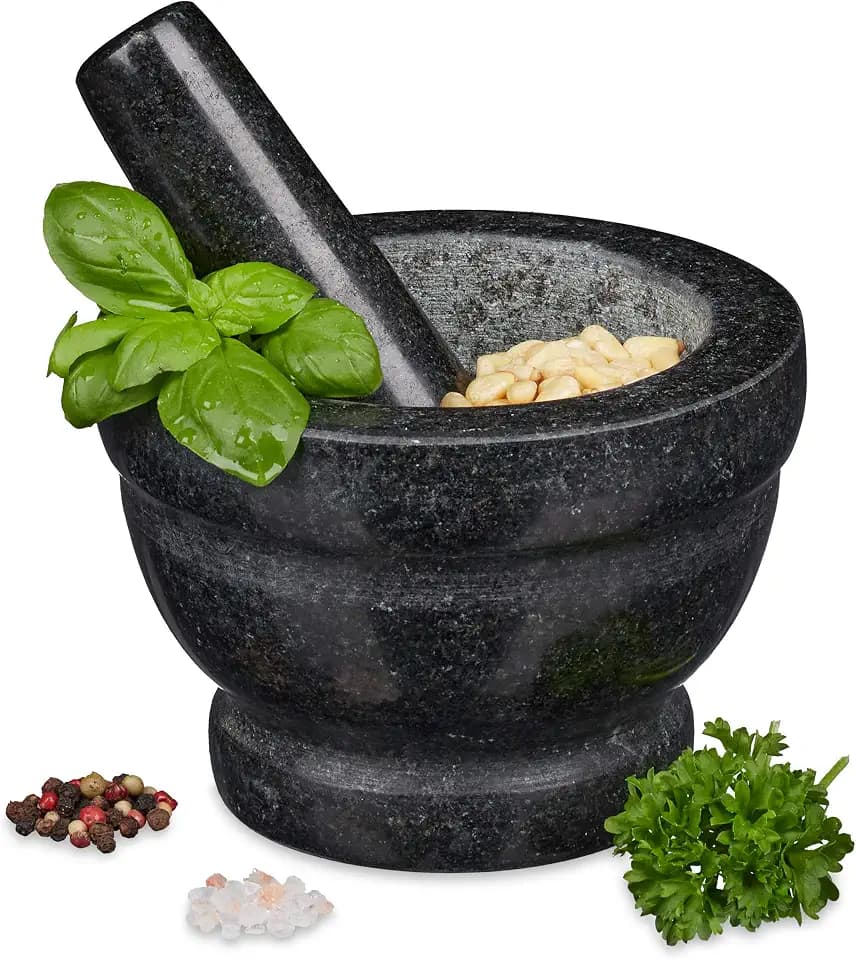 Relaxdays Granit Mörser mit Stößel, robust & langlebig, Gewürze, Kräuter, polierter Steinmörser, Ø 14 cm, 400 ml, grau