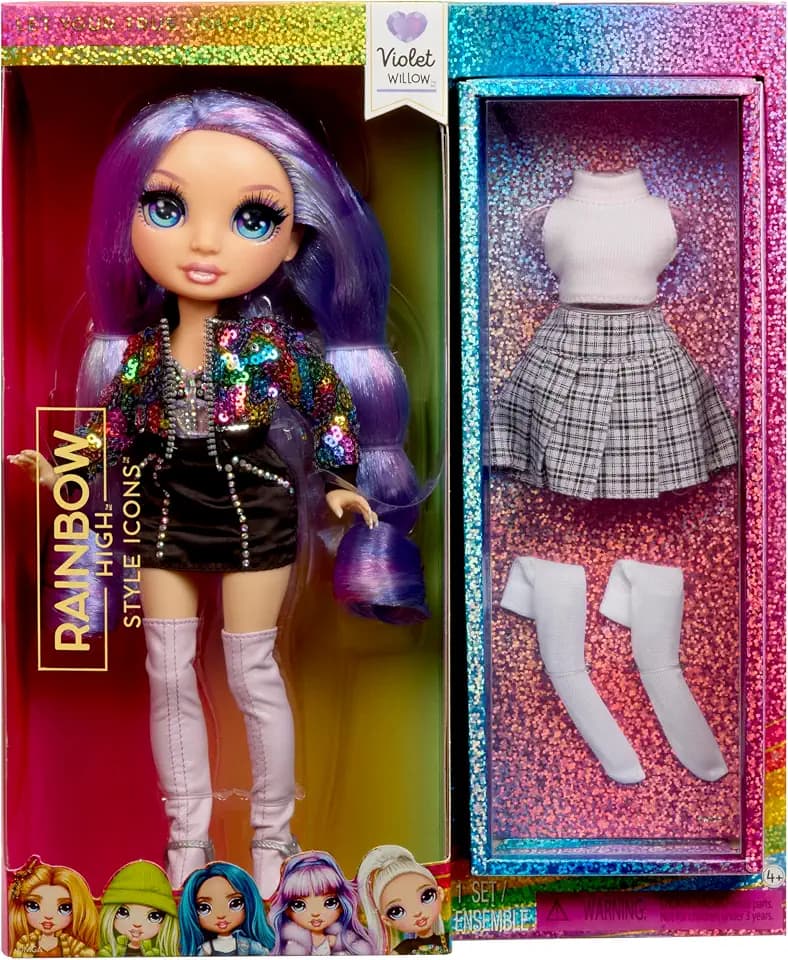 Rainbow High Style Icons Violet – 28 cm Modepuppe mit Langem, Kämmbarem Haar, Zweitem Outfit, Passender Tasche und einem Zweiten Paar Schuhe, Beweglich mit 13 Gelenkpunkten