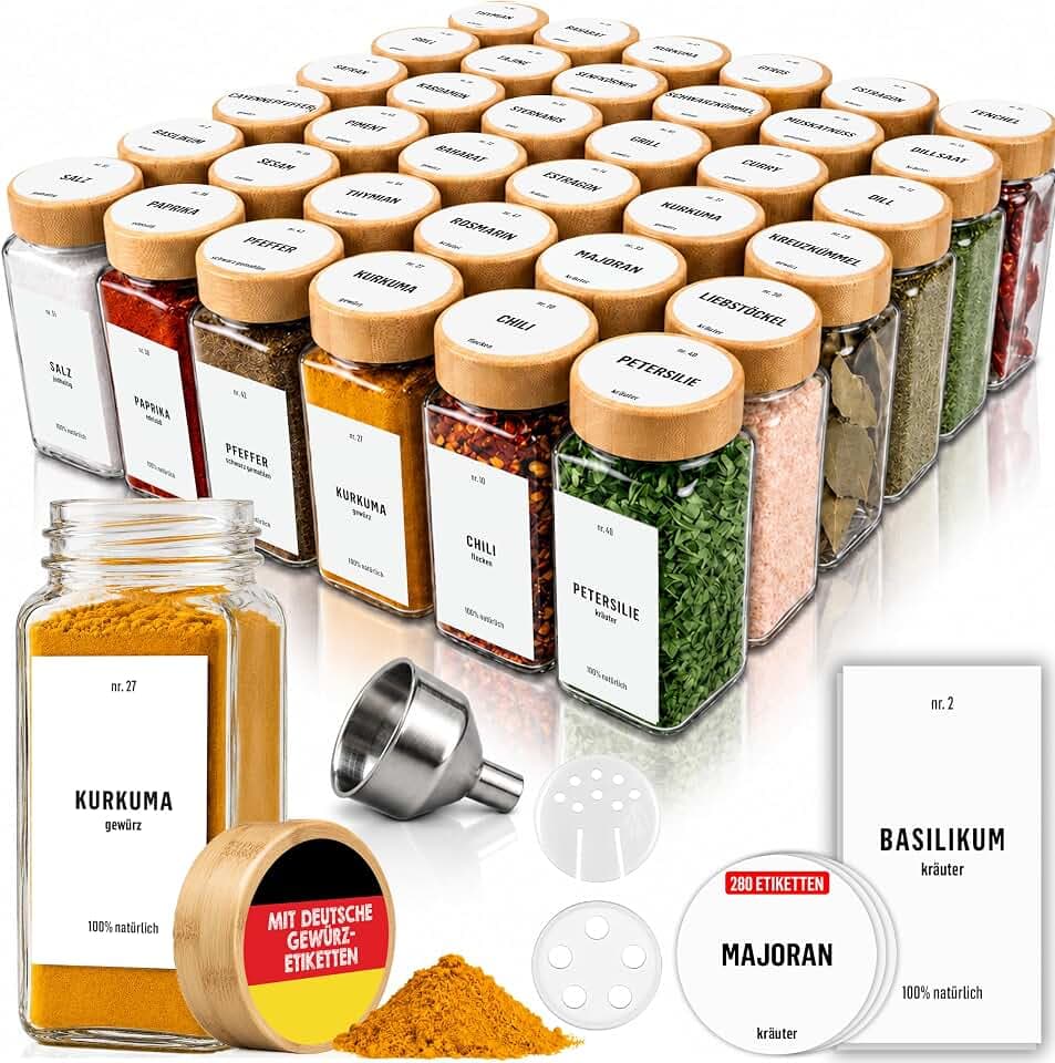 Deco haus Gewürzgläser Eckig Luftdicht (36 x 120ml) mit 280 Gewürzetiketten
