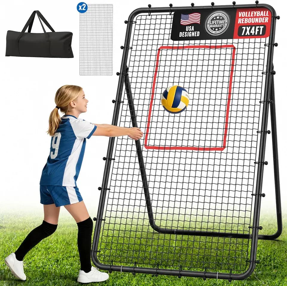 Volleyball Rebounder Net 7x4 FT, 5-Angle Adjustable Bounce Back Net, Steel Frame & PE Training Net for Volleying/Spiking, Rust-Resistant & Durable – w/Travel Bag, 2 NETS (Black & Red)