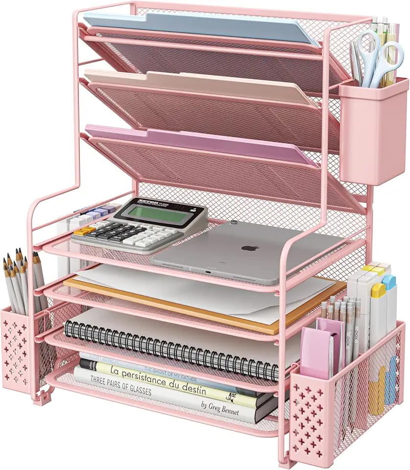 Simple Trending 7 Tier Desk File Organizer, Letter Tray Paper Organizer with Pen Holder and Metal Hanging Basket, Pink