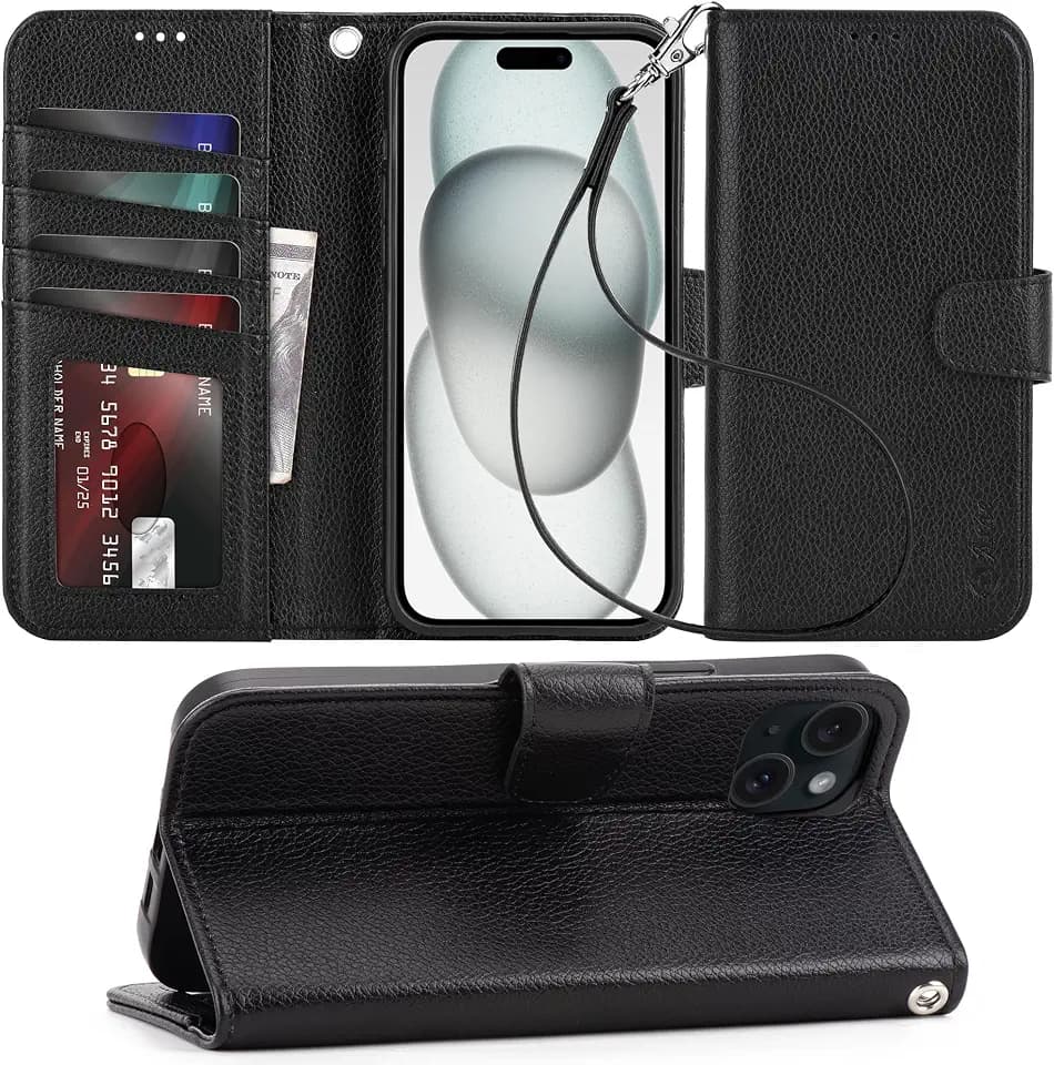 Arae Compatible with iPhone 15 Plus Case with Card Holder and Wrist Strap Wallet Flip Cover for iPhone 15 Plus 6.7 inch Men RFID Blocking Wristlet Kickstand,Litchi Black