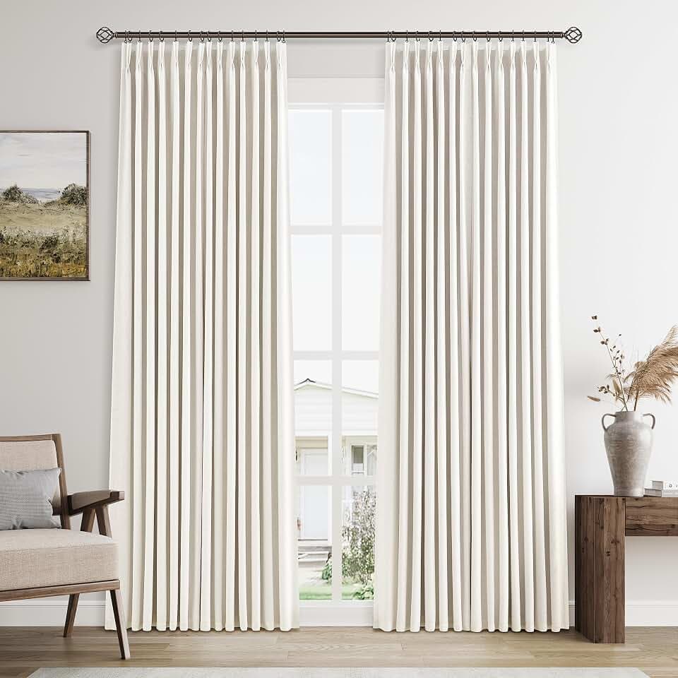 Naturoom 100% Blackout Linen Pinch Pleat Curtains 84 Inch for Bedroom Cream
