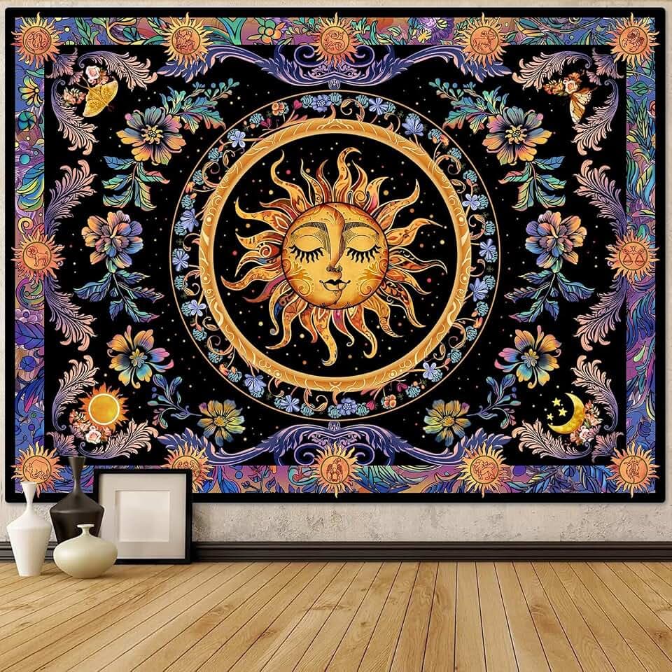 Accnicc Sun and Moon Tapestry Psychedelic Floral Plant Tapestries for Bedroom Aesthetic Hippie Boho Flower Tapestry Wall Hanging for Dorm Living Room (60'' × 44'')
