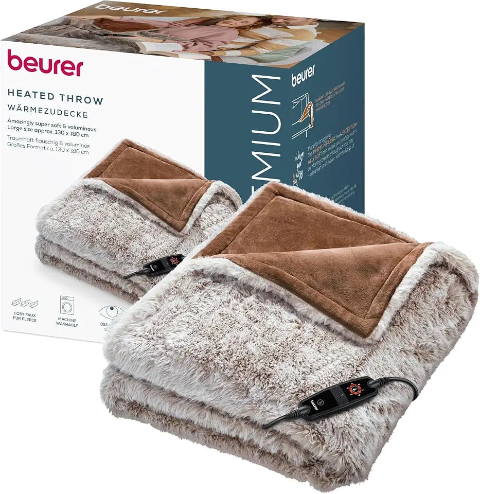 Beurer Heizdecke Arctic Brown, extra Flauschige Wärmedecke mit Wendeoptik