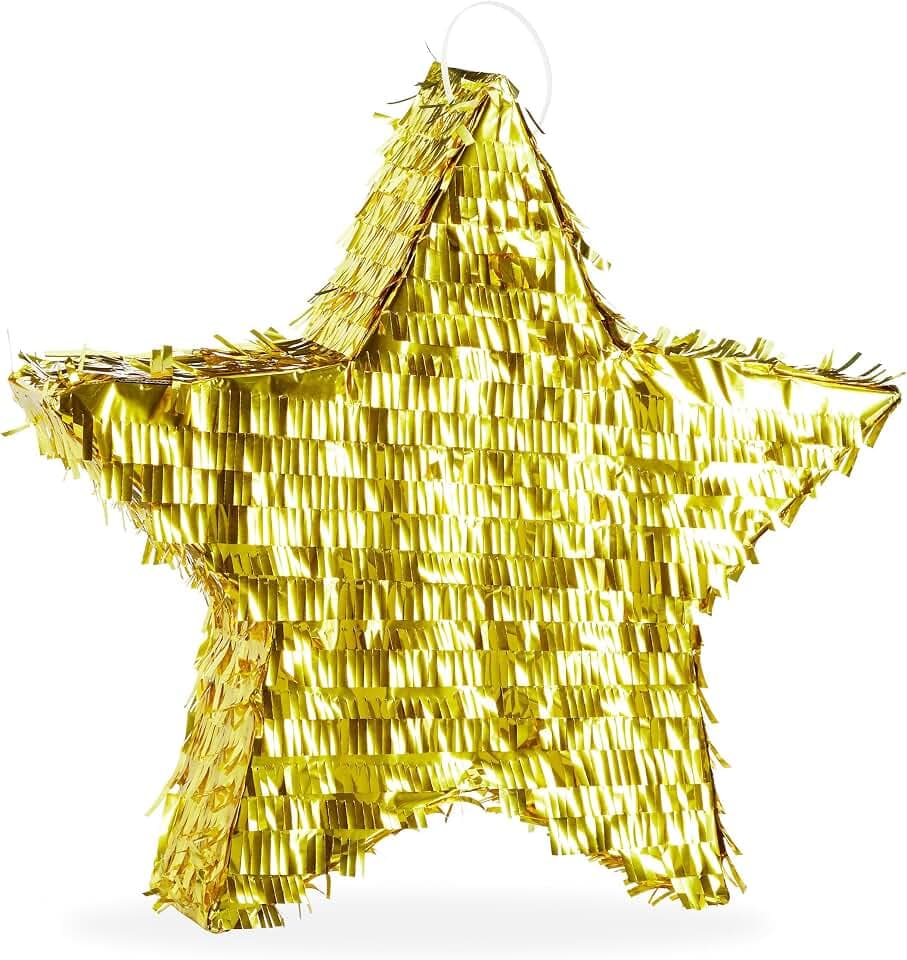 Relaxdays Pinata Stern, zum Aufhängen, für Kinder, Mädchen & Jungen, gold