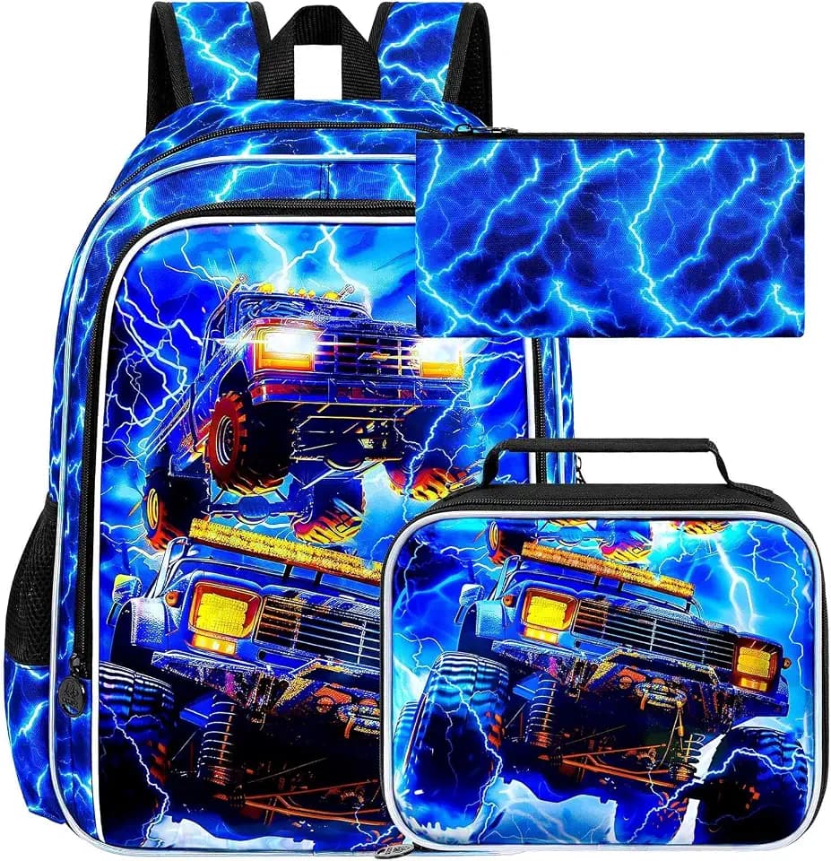 17" Truck Backpack for Boy, 3Pcs Lightning Bookbag for Elementary Preschool Kindergarten, Kids School Thunder Backpacks with Lunch Box (Blue)