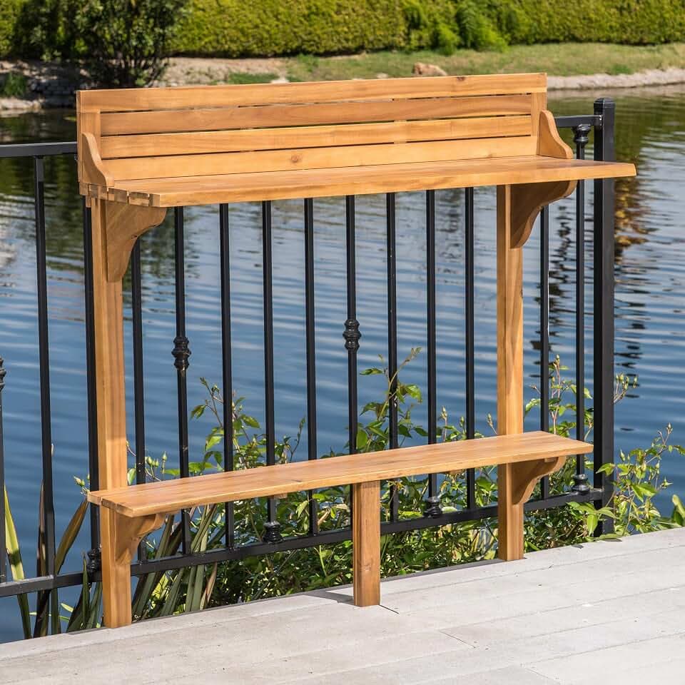 Merax Wall Mounted Balcony Table, Folding Outdoor Bar Table with Acacia Wood Top, Space Saving Railing Table for Patio, Small Balcony, Natural