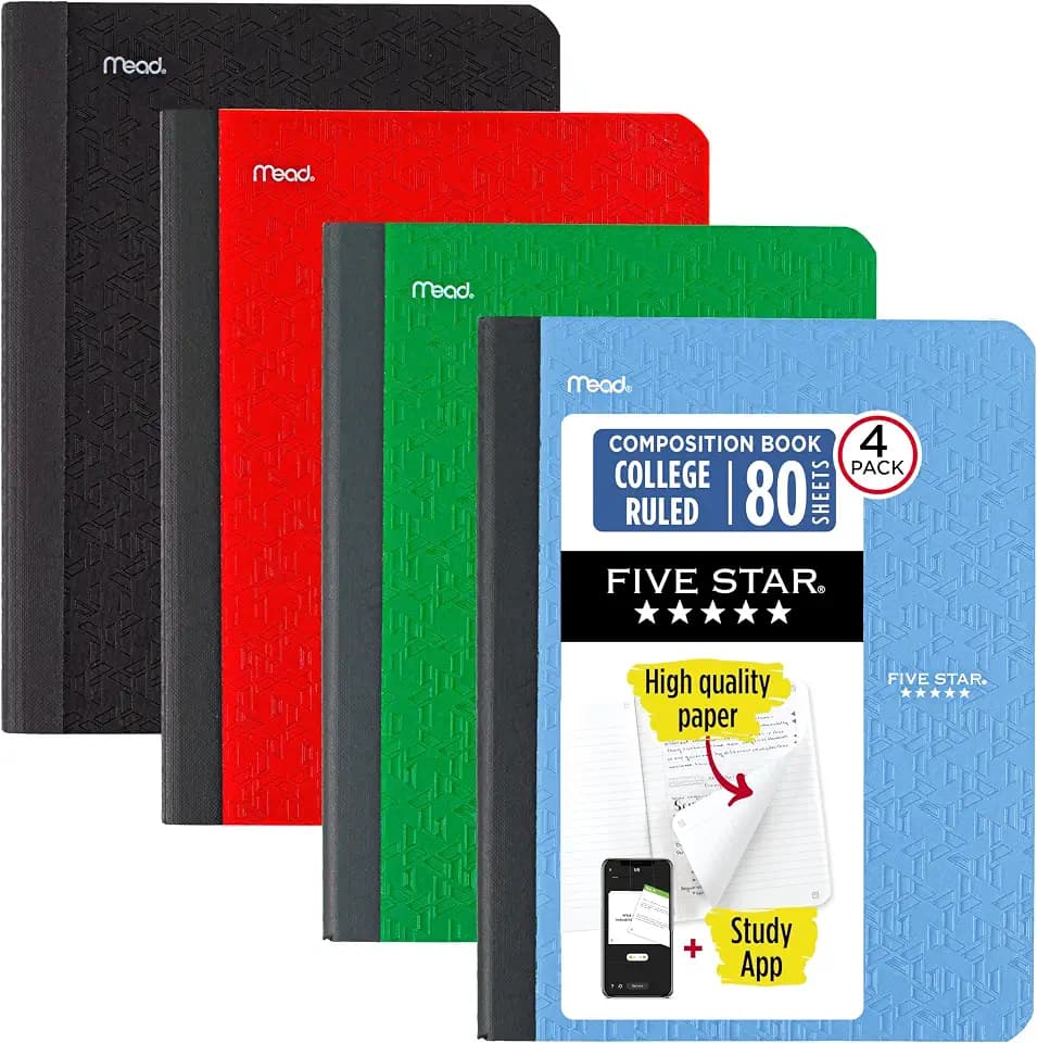 Five Star Composition Book + Study App, 4 Pack, College Ruled Paper, 7-1/2" x 9-3/4", 80 Sheets, Forest Green, Pacific Blue, Fire Red and Black (850065B-ECM)