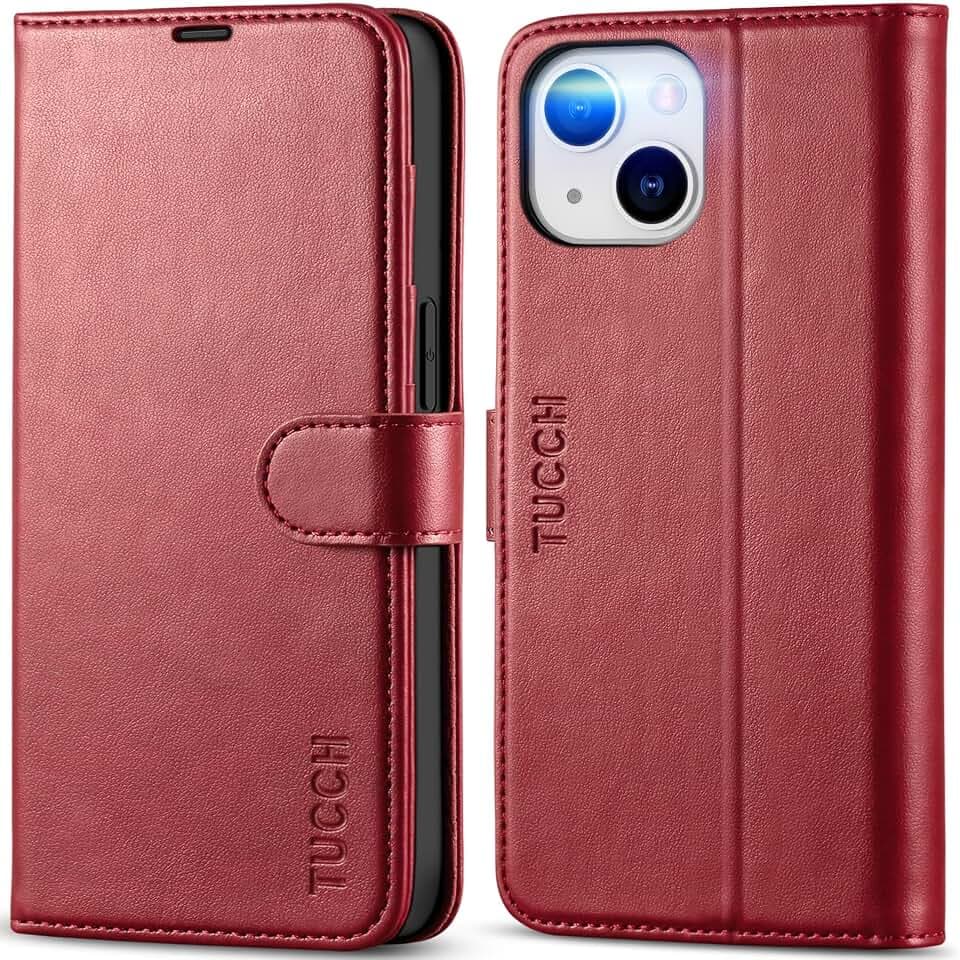 TUCCH Case Wallet for iPhone 14 (6.1") 2022, RFID Blocking Folio, Dark Red