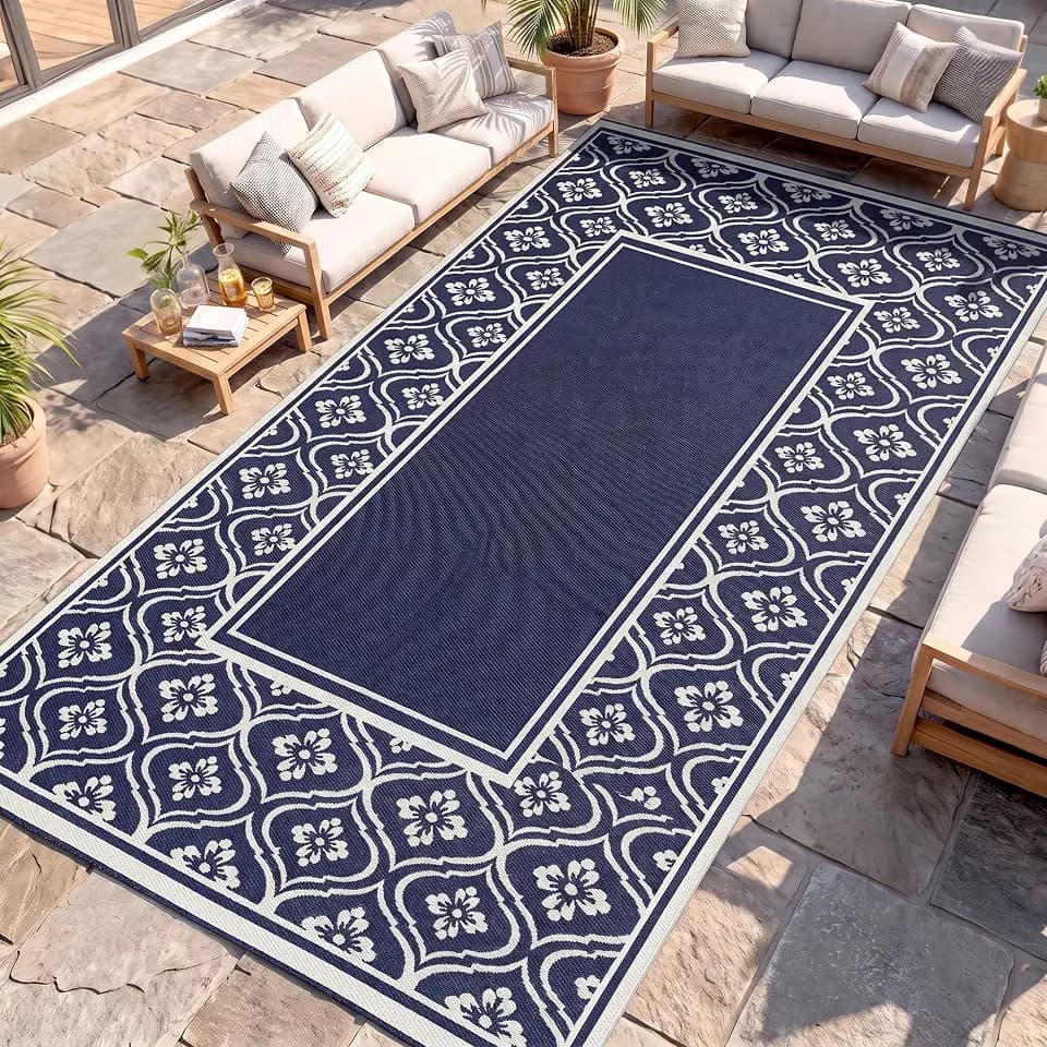 Outsunny Outdoor Rug for Patio Waterproof 9' x 18' Blue & White Gourd