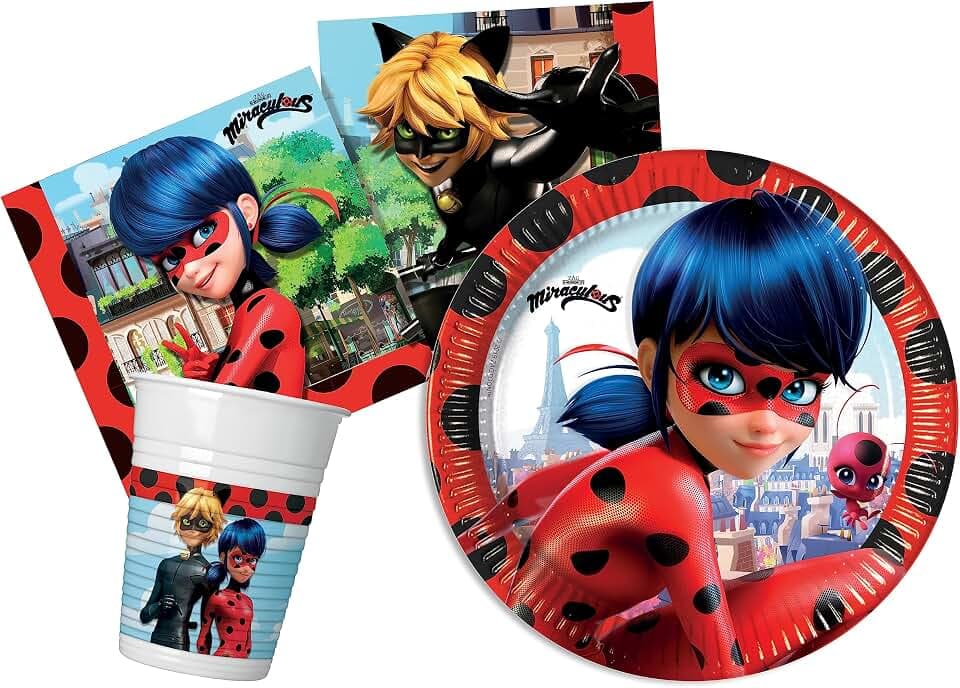Partygeschirr Party-Set Miraculous Ladybug für 8 Personen (36 pcs: 8 Pappteller Ø23cm, 8 Becher 200ml, 20 Servietten 33x33cm)