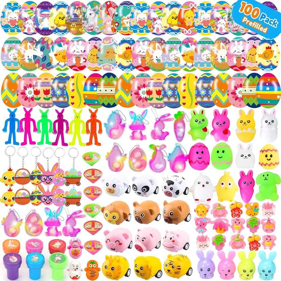 100PCS Unique & Colorful Prefilled Easter Eggs with Novelty Toys, Filling Treats, Easter Eggs Hunt, Basket Stuffers Fillers, Theme Party Favor, Classroom Prize