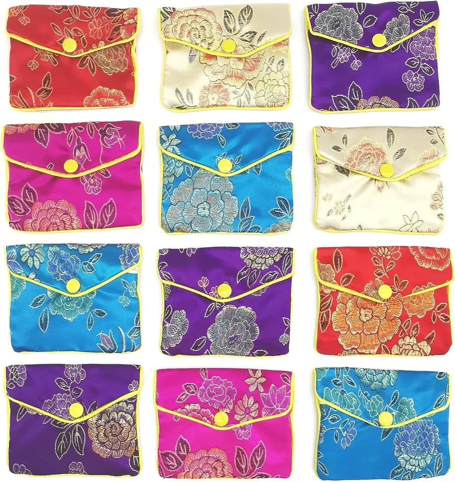Bestac 12 Pcs Jewelry Silk Purse Pouch Chinese Brocade Embroidered Bags, Multiple Colors, Coin Container Pocket (Medium)