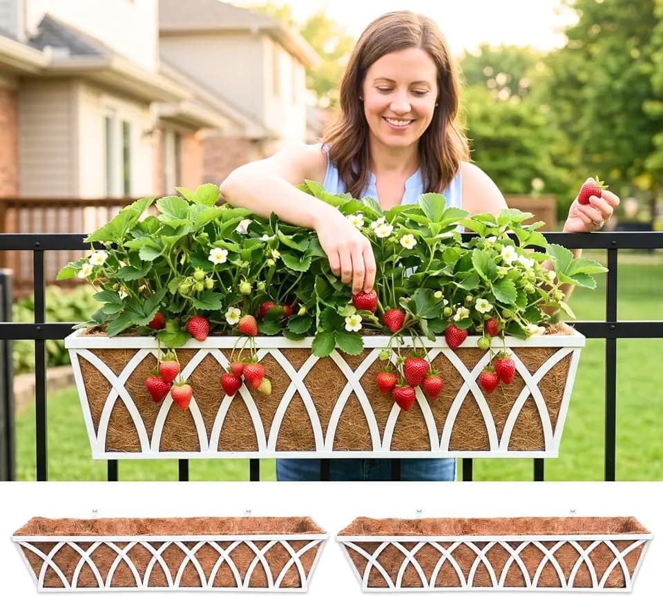 LaLaGreen Railing Planter Boxes (2 Pack, 36") White Metal Rectangular Window Box for Outdoor Plants, Large Wall Hanging Planters with Coco Liner Modern Garden Fence Horse Troughs Patio Porch Decor