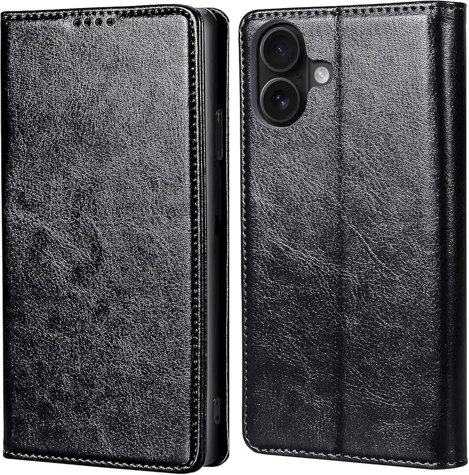 for iPhone 17 Wallet Case, Genuine Leather Flip Folio Cover with RFID Blocking Card Holder & Kickstand, [Shockproof TPU Inner Shell] for iPhone 17, Blaxk Black
