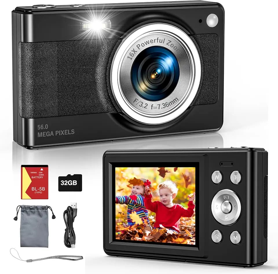 2025 New Digital Camera, 56MP FHD 1080P for Kids with 16x Digital Zoom Anti Shake, Face Detect, Smile Capture, 32GB TF Card, Battery, Lanyard, a Great Gift for Boys & Girls（Black）