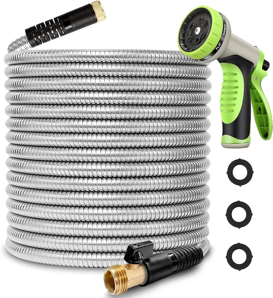 25FT Metal Garden Hose 304 Stainless Steel Flexible Water Hose - No Kink & Tangle Heavy Duty Pipe with Nozzle, Durable 3/4 Brass Fittings and Valve - Rust Proof Puncture Proof for Yard Lawn