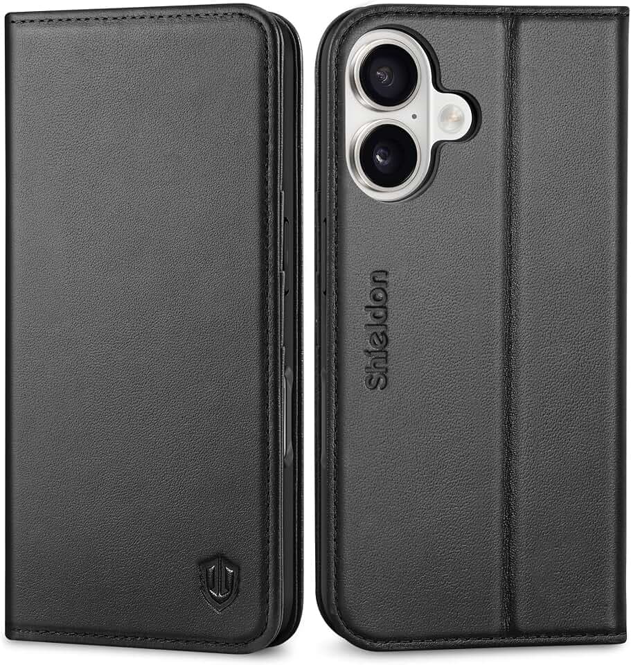 SHIELDON Genuine Leather Folio Wallet Case for iPhone 17 6.3" 2025, Black