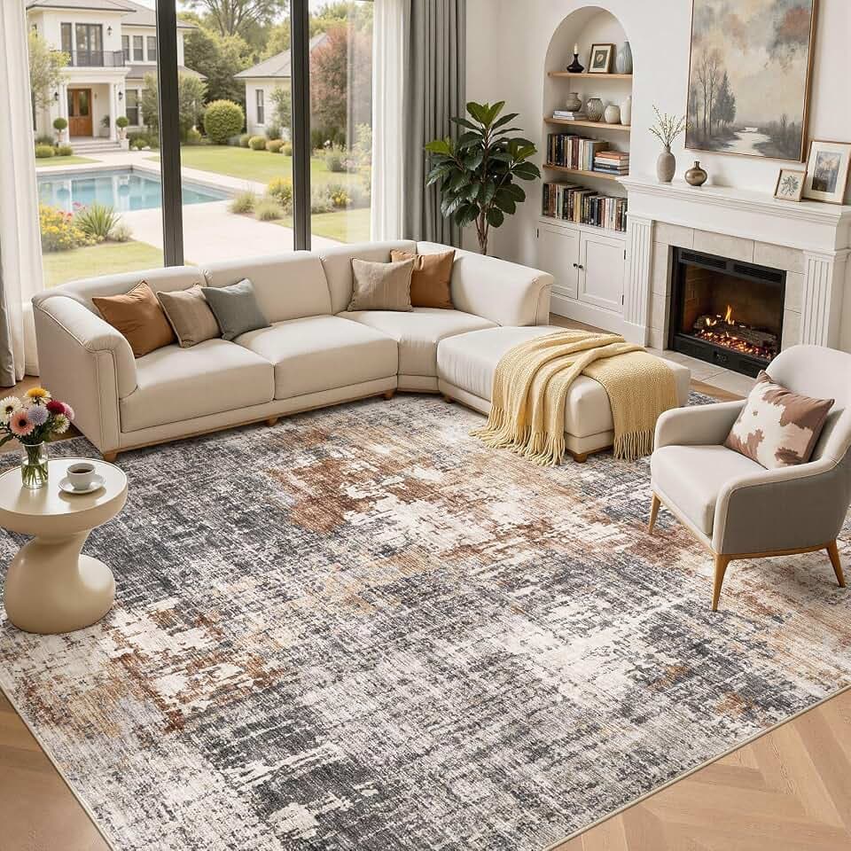 DMOYEST Area Rug Living Room Rugs - 11x14 Extra Large Soft Indoor Neutral Modern Abstract Low Pile Washable Rug Carpet for Bedroom Dining Room Farmhouse Home Office - Grey Brown