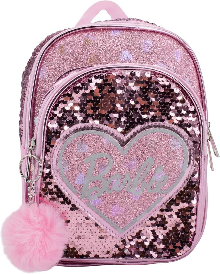 AI ACCESSORY INNOVATIONS Barbie 9” Micro Mini Backpack Purse Featuring a 3D Heat Logo Patch, Sequins & Glitter PU, & Pompom Dangle, Pink
