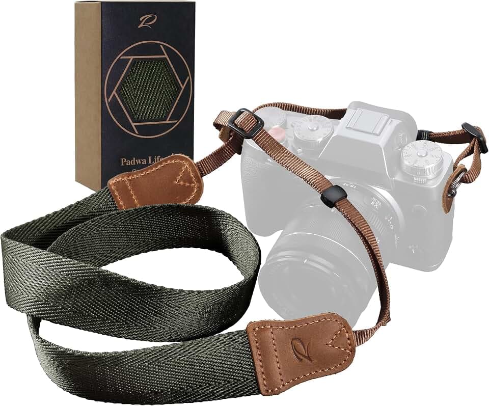 Olive Green Camera Strap,Double Layer top-grain Cowhide Ends,1.5"Wide Pure Cotton Woven Camera Strap,Adjustable Universal Neck & Shoulder Strap for All DSLR Cameras,Great Gift for Photographers