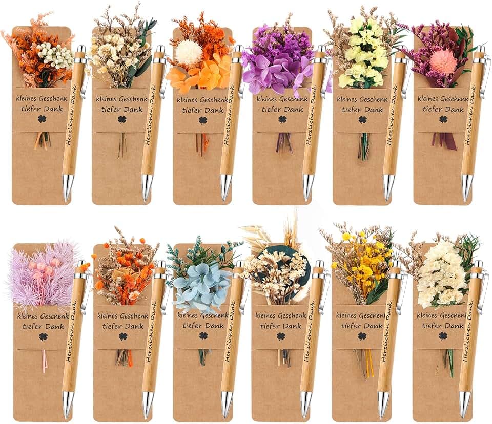 ZJTAPE 12 Sets Kleines Dankeschön Geschenke - Holz Kugelschreiber mit Trockenblumenstrau, Danke für Alles Danke Lesezeichen für Abschiedsgeschenk Lehrerin Erzieherin Kollegen Freund Hochzeit