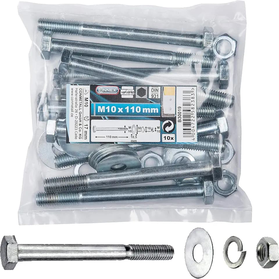 Connex Sechskantschrauben M10 x 110 mm - 10 Stück - Außensechskant-Antrieb - Verzinkt - Für sämtliche Konstruktionen - Inkl. Unterlegscheiben, Federringe & Muttern / Schrauben-Sortiment / B30019